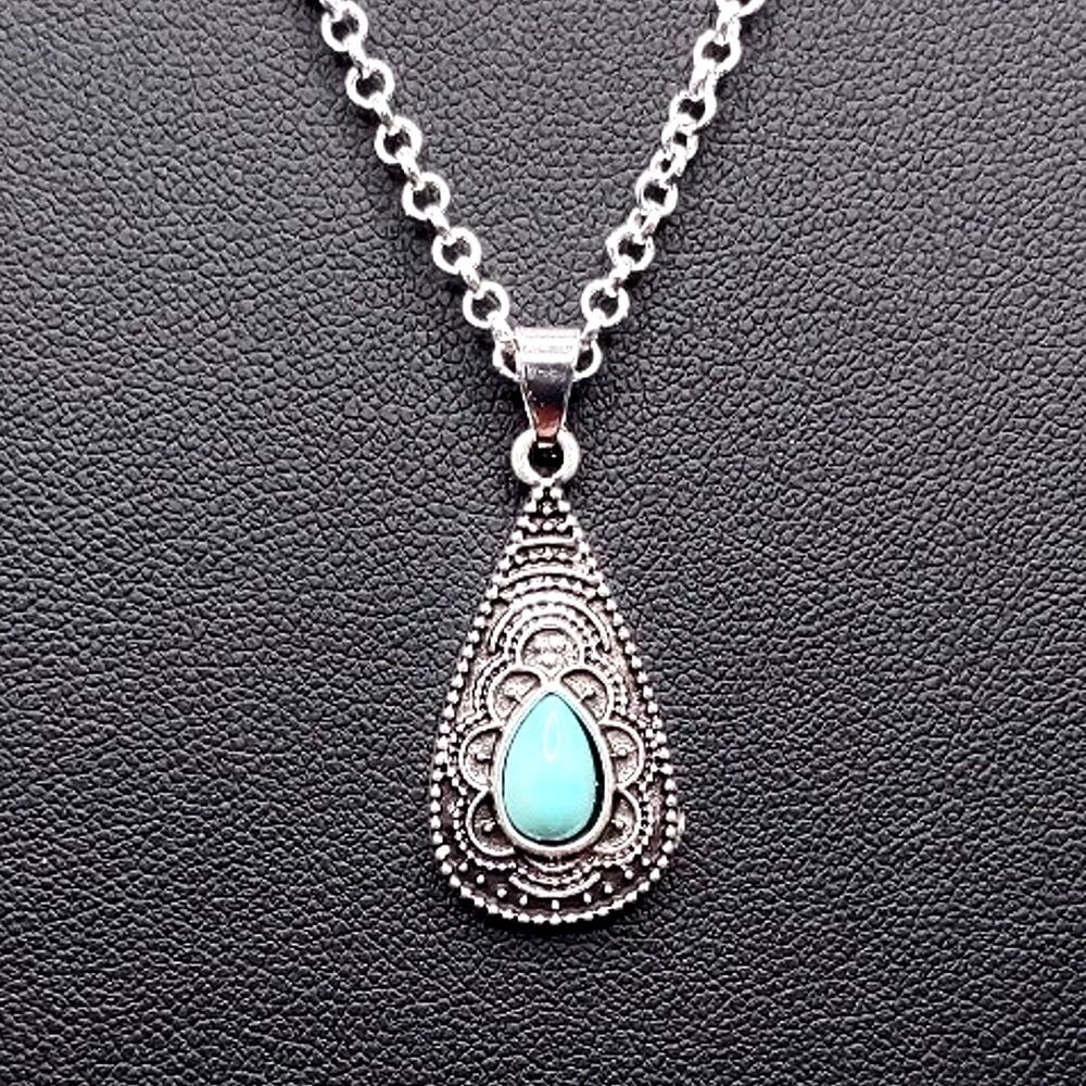 925 Silver Necklace w/ Turquoise Tear Drop Pendant Women's Vintage Boho Gift
